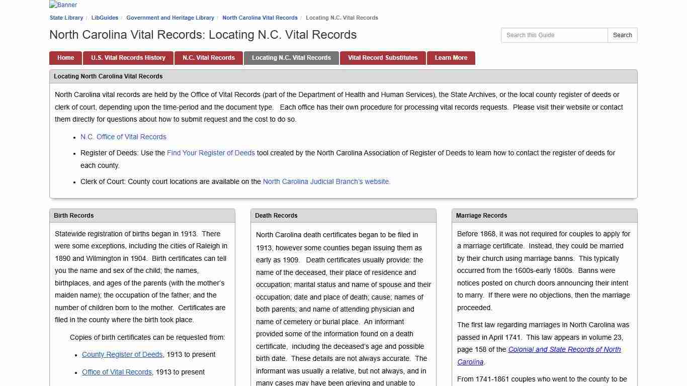 Locating N.C. Vital Records - North Carolina Vital Records - LibGuides at State Library of NC