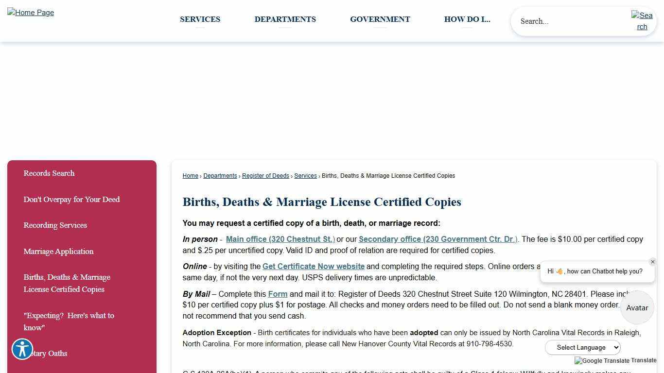 Births, Deaths & Marriage License Certified Copies | New Hanover County, NC